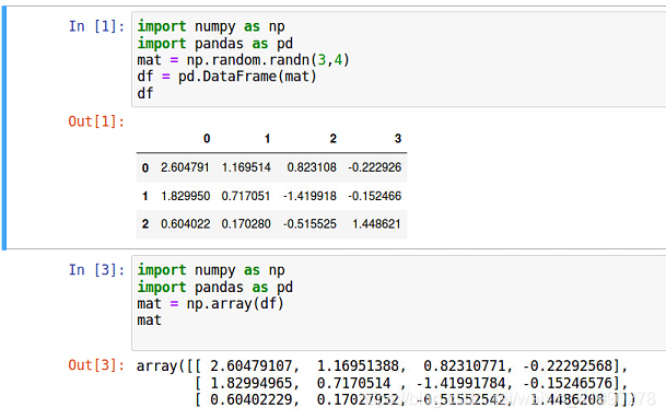 python numpy中array与pandas的DataFrame转换方式