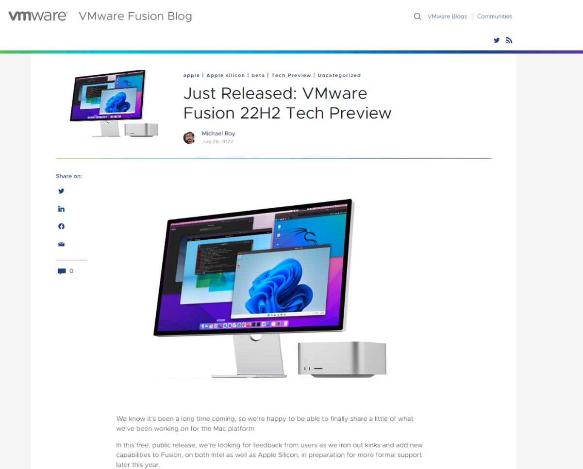 VMware 发布 Fusion 22H2 免费预览版，苹果 M1 / M2 Mac 电脑支持运行微软 Win11