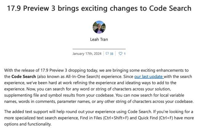 Visual Studio 202217.9 Preview 3更新发布 增强代码搜索体验