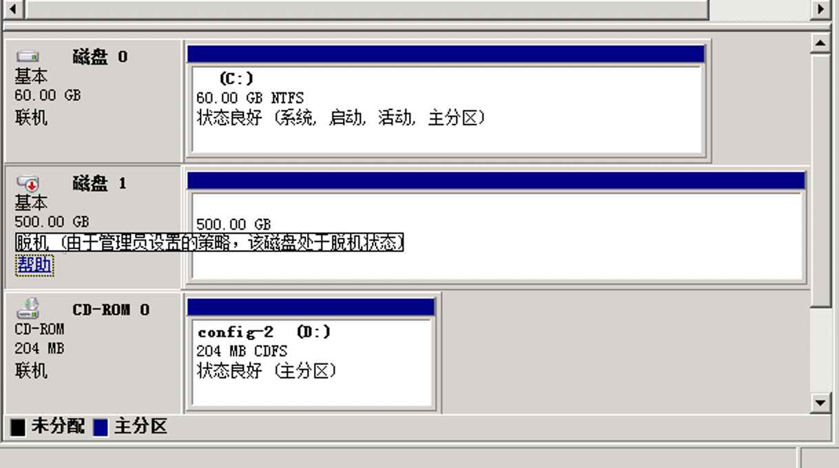 Win2008 R2 win2019服务器由于管理员设置的策略，该磁盘处于脱机状态的如何解决方案